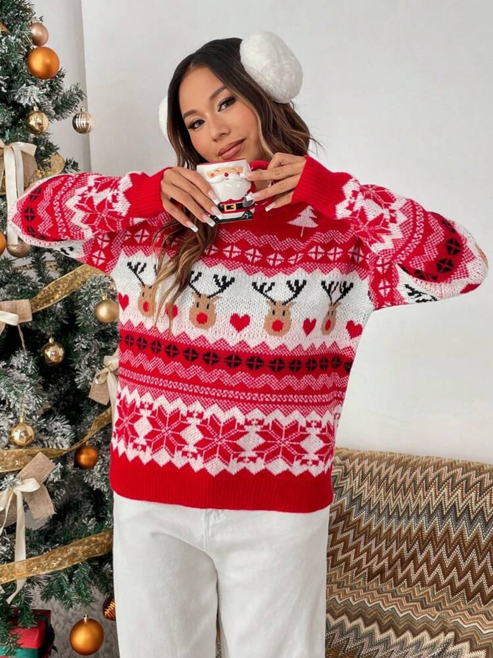 Shein Red & White Reindeer Fair Isle Crewneck Sweater Large